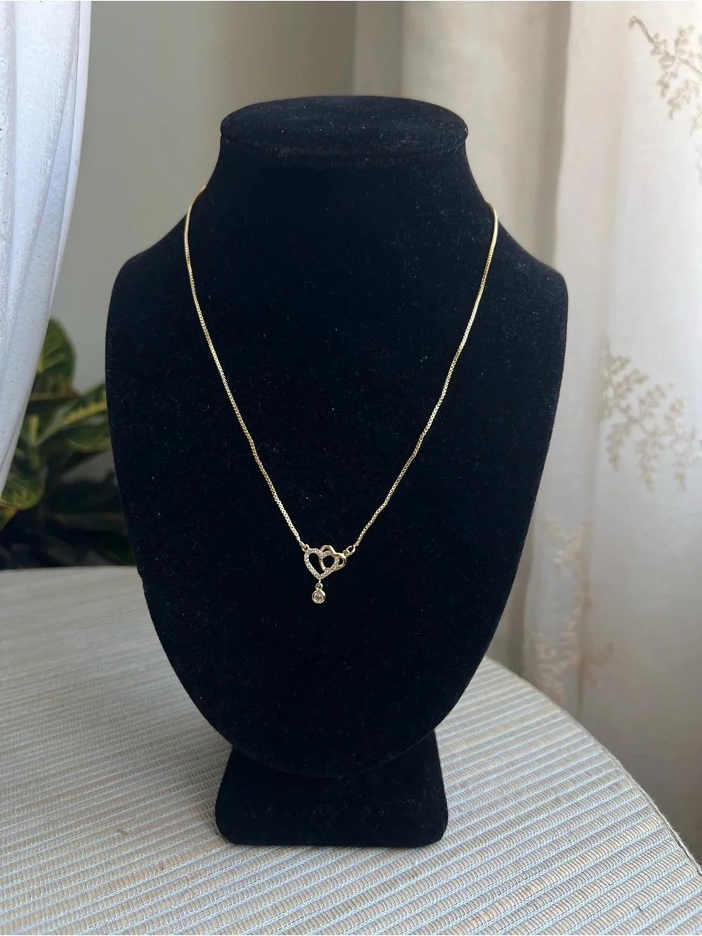 🩷- Gold double Heart Pendant Necklace with Dangle Accent